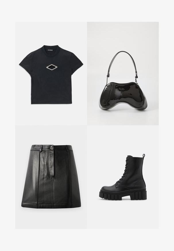 T-shirt noir à manches courtes, à coupe courte, avec un col rond et un design en forme de diamant argenté découpé au centre à l'avant.; Jupe en cuir noir avec une forme structurée, dotée d'une poche avant et d'un accent métallique à la taille. Texture lisse et détails de couture.; Bottines en cuir noir avec semelle épaisse et rainurée, devant à lacets et tirette sur fond blanc lisse.; Sac à main en cuir verni noir avec une forme incurvée unique, une anse courte et ajustable, et une fermeture zippée. Texture lisse avec un branding discret.