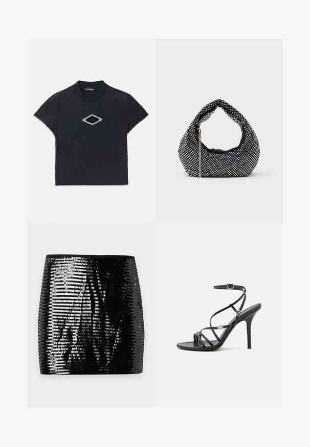 T-shirt noir à manches courtes, à coupe courte, avec un col rond et un design en forme de diamant argenté découpé au centre à l'avant.; Jupe mini en sequins noirs avec une silhouette ajustée. Composée de sequins métalliques brillants disposés en rangées, réfléchissant la lumière. Bordée d'une taille noire unie.; Sandale noire à talons hauts avec des brides fines, une boucle à la cheville, une surface en cuir lisse et un talon aiguille élancé.; Sac à main en maille noire orné de clous en argent, avec une poignée incurvée et une bandoulière en chaîne. Texture douce avec une forme arrondie.