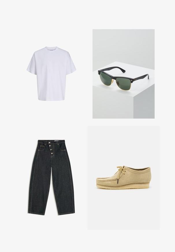Simpel hvid oversized t-shirt med korte ærmer, rund hals og løs pasform mod en hvid baggrund.; Sort, højtaljede cowboybukser i denim med vide ben, fire knapper foran, forlommer med nitter og kontrastsyning.; Beige suedestøvle med snørebåndsdesign, syede detaljer og gummisål. Formen er afslappet med en let hæl.; Ray-Ban solbriller med grønne linser, sorte plastikstel og gyldne detaljer ved kanterne. Firkantet form med mat finish.