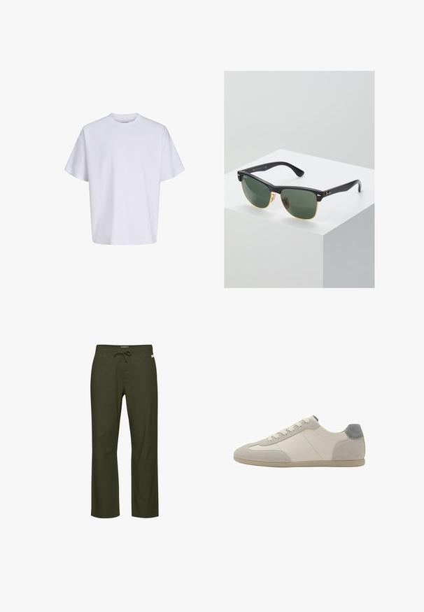 Schlichtes weißes oversized T-Shirt mit kurzen Ärmeln, Rundhalsausschnitt und lockerem Sitz vor weißem Hintergrund.; Olivegrüne Hose mit Kordelzugbund, geradem Bein, weicher Stoffstruktur und einem dezenten Logotag vorne.; Niedrig geschnittener, beiger Sneaker mit hellgrauen Wildledereinsätzen, flacher Sohle und weißen Schnürsenkeln, von der Außenseite gezeigt.; Ray-Ban Sonnenbrillen mit grünen Gläsern, schwarzen Kunststoffrahmen und goldenen Akzenten an den Rändern. Quadratische Form mit matter Oberfläche.