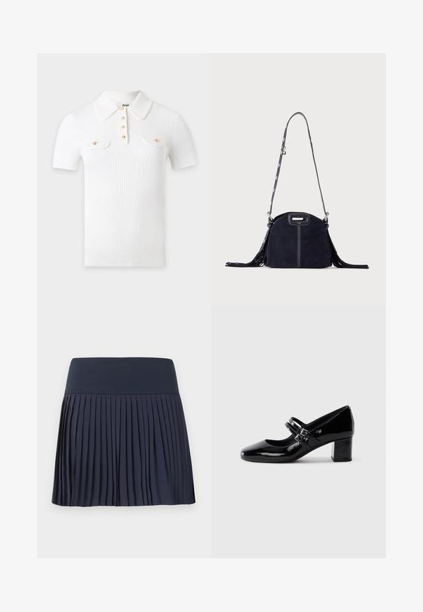 Polo blanc en tissu côtelé à manches courtes, avec un col pointu, quatre boutons dorés sur le devant et deux poches poitrine avec rabats à boutons dorés.; Jupe plissée bleu marine avec une large ceinture plate, longueur genou, réalisée en tissu léger, présentée sur un fond blanc uni.; Chaussure Mary Jane en cuir verni noir avec deux courroies à boucle et un petit talon carré sur fond blanc.; Sac à main en daim bleu foncé avec des coutures blanches, une poignée découpée, une bandoulière à motif et de longues franges des deux côtés.