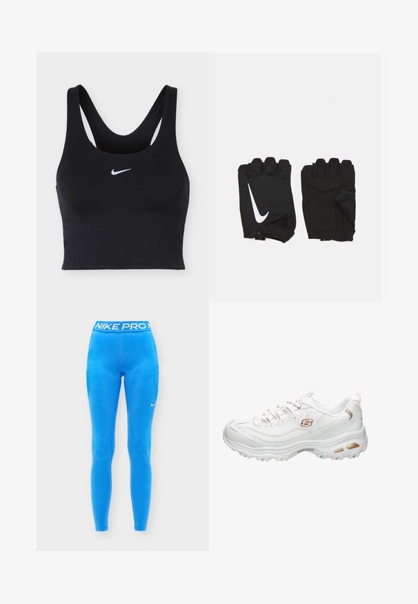 Sort Nike sports-bh med brede stropper og hvid Nike swoosh-logo centreret foran.; Lyseblå Nike Pro leggings med elastik i taljen og lille hvid Nike-swoosh på venstre lår, vist på en ensfarvet baggrund.; Hvide sportsko lavet af glat syntetisk materiale. Har teksturerede detaljer, metallic guld pynt, snørelukning og en polstret sål.; Sorte fingerløse træningshandsker lavet af åndbart stof, med et hvidt Nike-logo, polstrede håndflader og et åbent håndledsdesign for fleksibilitet.