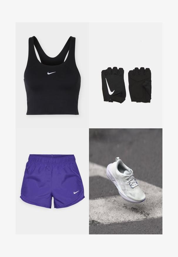 Čierna športová podprsenka Nike so širokými ramienkami a bielym logom Nike Swoosh uprostred vpredu.; Fialové športové šortky vyrobené z hladkej látky, s elastickým pásom a bielym logom Nike na spodnej pravej strane.; Biele atletické topánky s textúrovaným zvrškom, šnurovým dizajnom a polstrovanou podrážkou. Akcenty zahŕňajú svetlofialovú podrážku a pútko na päte.; Čierne bezprstové fitness rukavice vyrobené z priedušnej tkaniny, s bielym logom Nike, polstrovanými dlaniami a otvoreným dizajnom zápästia pre flexibilitu.