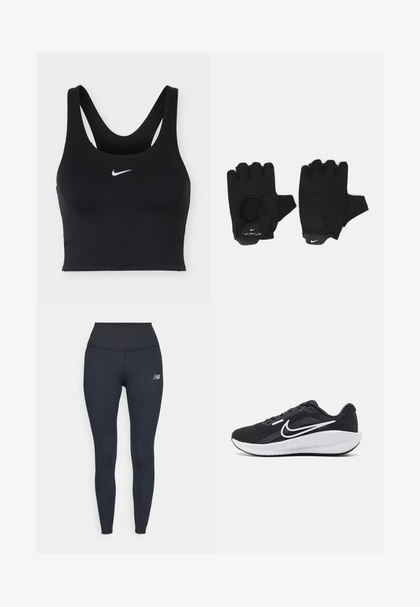 Čierna športová podprsenka Nike so širokými ramienkami a bielym logom Nike Swoosh uprostred vpredu.; Čierne legíny s vysokým pásom vyrobené z pružného materiálu, s elegantným dizajnom a malým reflexným logom na stehne.; Čierna športová obuv s sieťovinovým zvrškom, bielymi akcentmi, polstrovanou podrážkou a aerodynamickým dizajnom. Disponuje okrúhlou špičkou a plochou podrážkou.; Čierne prstové rukavice bez prstov s textúrovaným dizajnom. Vyrobené z priedušného materiálu, s otvorom na palec a zosilnenou dlaňou pre lepší úchop.