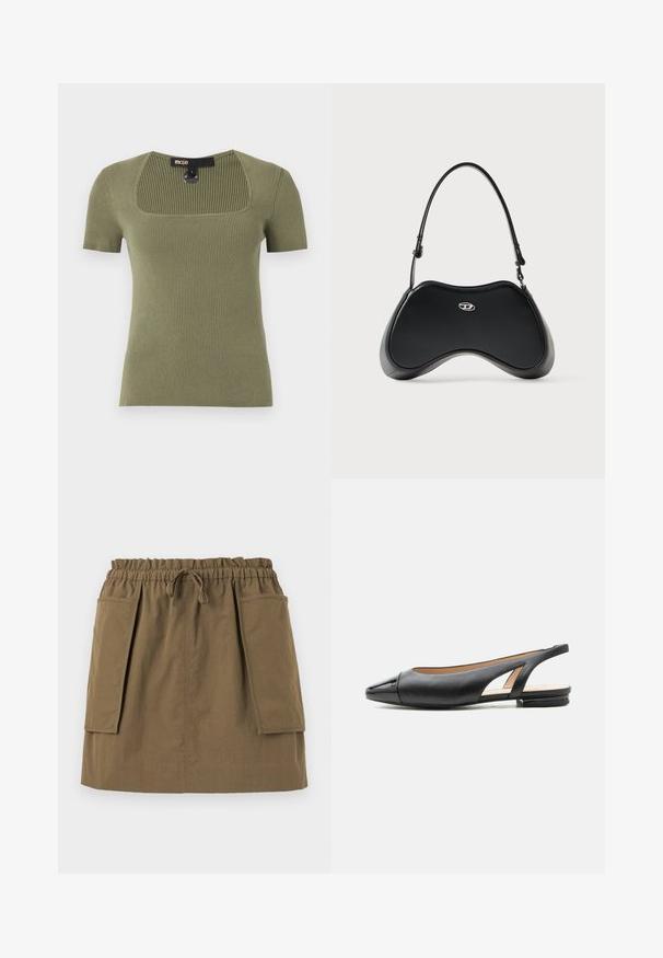 Top en maille côtelée à manches courtes de couleur vert olive avec un col carré et une étiquette de marque visible au niveau du col arrière.; Jupe olive, longueur genoux, avec une taille élastique, un cordon de serrage et deux grandes poches latérales. Fabriquée en tissu léger avec des coutures visibles.; Chaussure plate à bride arrière en cuir noir avec un bout pointu en cuir verni et un petit talon, présentée de profil sur un fond blanc.; Sac à main en similicuir noir avec une forme incurvée unique, une poignée courte et un détail de logo argenté sur le devant. Texture lisse, design minimaliste.