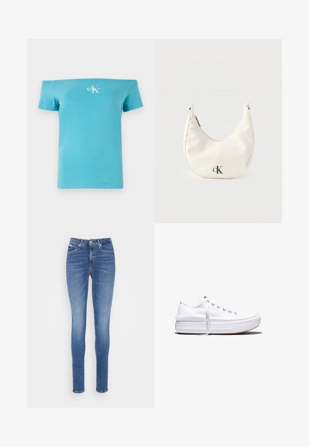Turkis off-shoulder t-shirt lavet af blød bomuld, med korte ærmer og et hvidt logo-grafik på fronten.; Slank jeans i mellemblå denim med høj talje, glat tekstur, to forlommer og en enkelt baglomme.; Hvid lavt snørestøvle med tyk plateau-sål, snørelukning foran og gummiforstærket tåkap, set i sideprofil.; Lille hvid halvmåneformet håndtaske med kort rem, lynlås og sort "cK"-logo foran.
