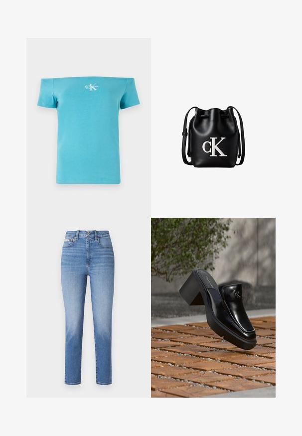 Cyan off-shoulder t-shirt van zachte katoen, met korte mouwen en een witte logo graphic op de voorkant.; Lichtblauwe denim jeans met een hoge taille, rechte pijpen en subtiele vervagingen. Bevat riemlussen, vijf zakken en een metalen knoopsluiting.; Zwarte leren Calvin Klein slip-on mule met blokhak rustend op houten tegels buiten, vlak bij een groene plant en een grijze muur.; Zwarte leren bucketbag met koordsluiting aan de bovenkant en wit "cK" logo aan de voorkant, met een verstelbare schouderband.