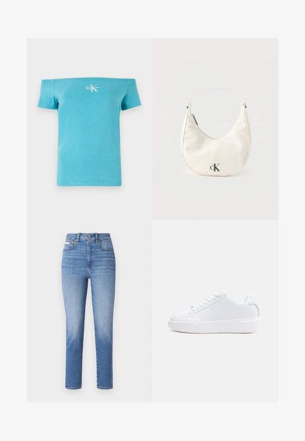 Camiseta turquesa sin mangas hecha de algodón suave, con mangas cortas y un gráfico de logo blanco en la parte delantera.; Jeans de denim azul claro con cintura alta, piernas rectas y desvanecidos sutiles. Presentan pasadores para cinturón, cinco bolsillos y cierre de botón metálico.; Zapatilla blanca de corte bajo con cierre de cordones, suela gruesa y parte superior lisa, mostrada desde el lado exterior sobre un fondo claro y sencillo.; Pequeño bolso blanco en forma de media luna con correa corta, cierre de cremallera y logo negro "cK" en el frente.
