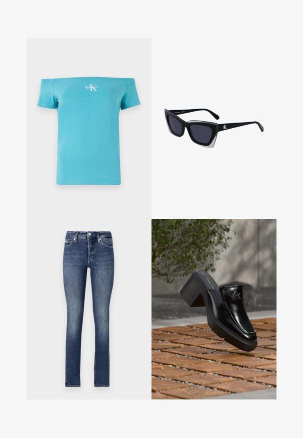 Camiseta turquesa sin mangas hecha de algodón suave, con mangas cortas y un gráfico de logo blanco en la parte delantera.; Jeans ajustados en denim de lavado oscuro, con una cintura de altura media, cinco bolsillos, costuras visibles y cierre de botón en la cintura.; Mule tipo slip-on de cuero negro de Calvin Klein con tacón de bloque descansando sobre baldosas de madera al aire libre cerca de una planta verde y una pared gris.; Gafas de sol negras de gran tamaño con una forma geométrica, que presentan lentes oscuros y un detalle gris contrastante en la montura. Logo en la pata.