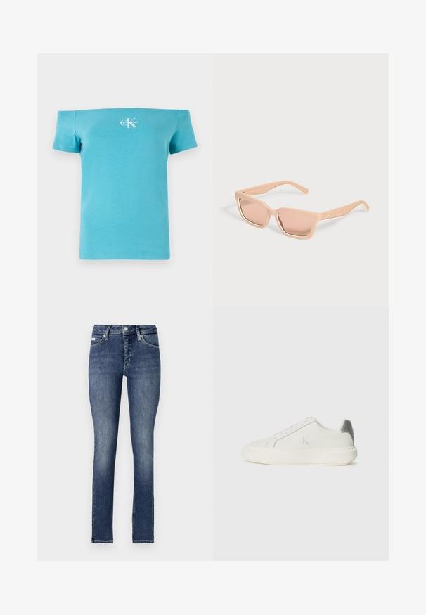 Camiseta turquesa sin mangas hecha de algodón suave, con mangas cortas y un gráfico de logo blanco en la parte delantera.; Jeans ajustados en denim de lavado oscuro, con una cintura de altura media, cinco bolsillos, costuras visibles y cierre de botón en la cintura.; Zapatilla blanca de cuero con textura suave, que presenta un acento plateado en el talón, suela plana y un diseño minimalista.; Gafas de sol rectangulares color melocotón claro con montura gruesa y lentes tintadas a juego sobre un fondo claro y liso.
