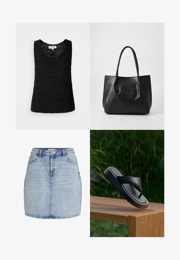 Marc O'Polo SLEEVELESS ROUNDNECK - Top - black; Lichtblauwe denim mini-jurk met een sluiting met knopen en rits aan de voorkant, riemlussen en voorzakken.; Zwarte leren teenslipper zwevend boven een houten bankje buiten met hoge groene gras wazig op de achtergrond.; Zwarte geweven lederen totebag met twee handvaten, gestructureerde vorm en subtiele glanzende afwerking, tegen een eenvoudige lichte achtergrond.