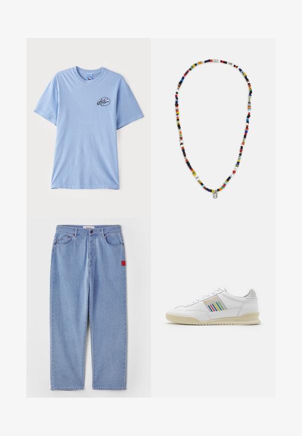 Camiseta de algodón de manga corta en azul claro, con un pequeño logotipo negro con puntos coloridos en el área del pecho izquierdo. Diseño clásico de cuello redondo.; Jeans de denim azul claro con un patrón sutil, pierna recta, cinco bolsillos y una etiqueta roja en el bolsillo izquierdo.; Zapatilla de cuero blanca con suela crema, acentos de rayas multicolores en el lateral y el logotipo "PS Paul Smith" en dorado.; Collar de cuentas coloridas con formas y tamaños variados, con acentos metálicos y pequeños charms decorativos. Predominantemente multicolor.
