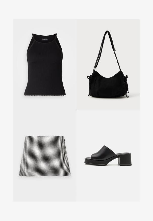 Schwarzes, geripptes Tanktop mit gewellten Spitzenabschluss am Saum. Mit dünnen Trägern und einer figurbetonten Passform. Hergestellt aus dehnbarem Material.; Schwarz-weiß karierten A-Linien-Minirock mit seitlichem Reißverschluss vor schlichtem Hintergrund.; Schwarze Leder Plattform-Mules mit abgerundeter offener Zehe, niedrigem Blockabsatz und glatter Textur. Minimalistisches Design mit eleganten Linien.; Schwarze Cordtasche mit geschwungener Form, verstellbarem Schultergurt und Kordelzugverschlüssen an beiden Seiten zur Größenanpassung.
