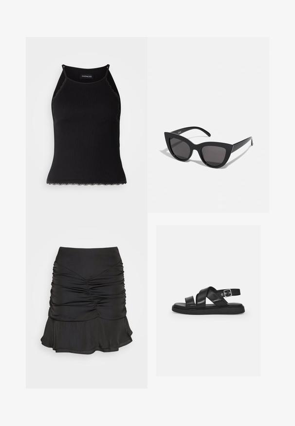 Schwarzes, geripptes Tanktop mit gewellten Spitzenabschluss am Saum. Mit dünnen Trägern und einer figurbetonten Passform. Hergestellt aus dehnbarem Material.; Sofie Schnoor SKIRT - Minirock - black; Schwarze Ledersandalen mit überkreuzten Riemen, verstellbarem Knöchelriemen, flacher Sohle und minimalistischem Design. Glatte Textur mit matter Oberfläche.; Schwarze Cat-Eye-Sonnenbrille mit matter Oberfläche, grauen getönten Gläsern, scharfen Kanten und schlanken Bügeln. Der Markenname ist auf dem inneren Bügel sichtbar.