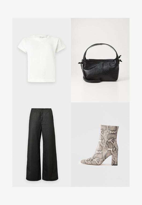 T-shirt blanc uni à manches courtes et col rond, avec un ourlet droit, présenté sur un fond gris clair.; Pantalons larges noirs avec poches avant et taille haute, fabriqués à partir d'un tissu lisse, présentés sur un fond clair.; Bota haute cheville avec un talon épais dans un motif en serpentine beige et gris, présentée sur un fond clair uni.; Sac à main en cuir noir au design structuré, avec une poignée arrondie et une bandoulière amovible. Présente une texture lisse et un éclat subtil.