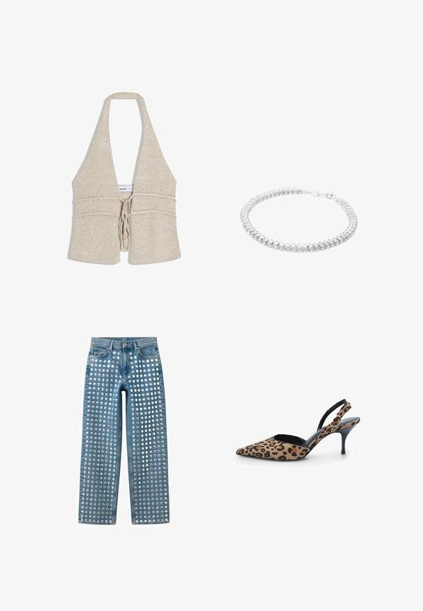 Haut halter beige en tricot avec un profond décolleté en V et une fermeture nouée sur le devant, comportant un tissu légèrement texturé et une étiquette de marque à l'intérieur.; Jean en denim bleu avec de grands clous circulaires argentés uniformément espacés couvrant le devant de la taille jusqu'à l'ourlet en colonnes verticales.; Escarpin à talon haut à bout pointu, bride arrière, imprimé léopard et bride latérale réglable avec boucle sur fond blanc.; Bracelet en argent avec un design de chaîne flexible et des cristaux transparents ronds disposés en série. Fermoir à une extrémité.