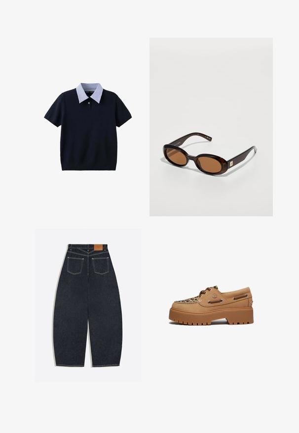 Haut en maille bleu marine à manches courtes avec un col rayé bleu et blanc et un seul bouton au niveau de l’encolure.; Jean en denim bleu foncé à jambes larges vu de dos avec deux poches plaquées et une étiquette de marque en cuir marron sur la ceinture.; Timberland STONE STREET - Chaussures bateau - medium beige; Lunettes de soleil écaille de tortue marron avec des verres ovales, dotées d'une fine monture et d'un petit accent métallique sur le côté. Fini texturé et poli.