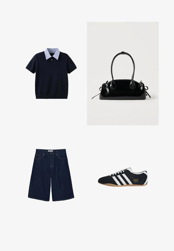 Kortærmet marineblå strikket top med en blå og hvid stribet krave og en enkelt knap ved halsudskæringen.; Mørkeblå denim knælange shorts med knap- og lynlåslukning, lommer foran og bagpå samt kontrastsyning.; Sort ruskinds sneaker med hvide tre striber, guldlogo og en brun gummisål. Har et lavprofil snørebåndsdesign.; Lille sort blank håndtaske med to lange håndtag og snøre-detaljer i siden på en ensfarvet lys baggrund.