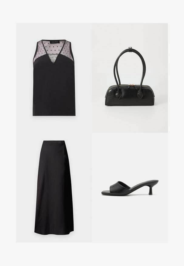 Haut noir sans manches avec col en V, panneau en mesh transparent à pois sur le haut de la poitrine et les épaules, étiquette indiquant "Anna Field."; Jupe maxi en satin noir avec une texture lisse, taille haute, silhouette fluide et sans motifs ni détails en métal visibles.; Sandales noires à glisser avec une tige en cuir lisse, bout ouvert et un petit talon brillant. Design minimaliste avec une forme incurvée et une finition épurée.; Sac à main en cuir noir avec deux anses allongées, fermeture éclair et forme arrondie ; texture lisse avec une finition légèrement brillante.
