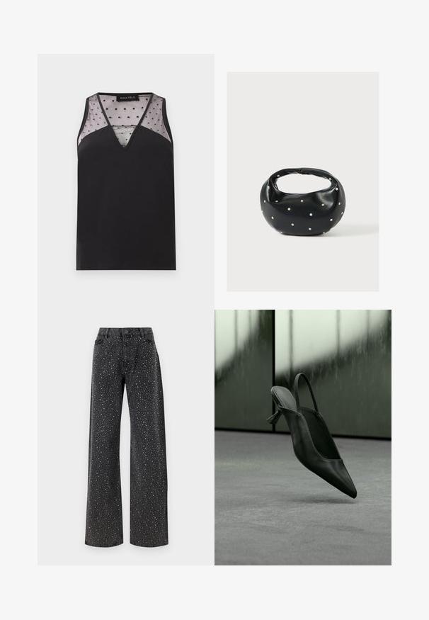 Sort ærmeløs top med V-udskæring, gennemsigtig mesh med prikker på øverste bryst og skuldre, mærket siger "Anna Field."; Noisy May Rhinestone - Jeans Relaxed Fit - black denim; Sort læder slingback højhælet sko med spids tå svævende over gråt tæppe, sløret grønlig væg i baggrunden.; Sort læderhåndtaske med en rundet form, dekoreret med sølvnitter, og et kort håndtag. Glat tekstur og lynlåslukning.