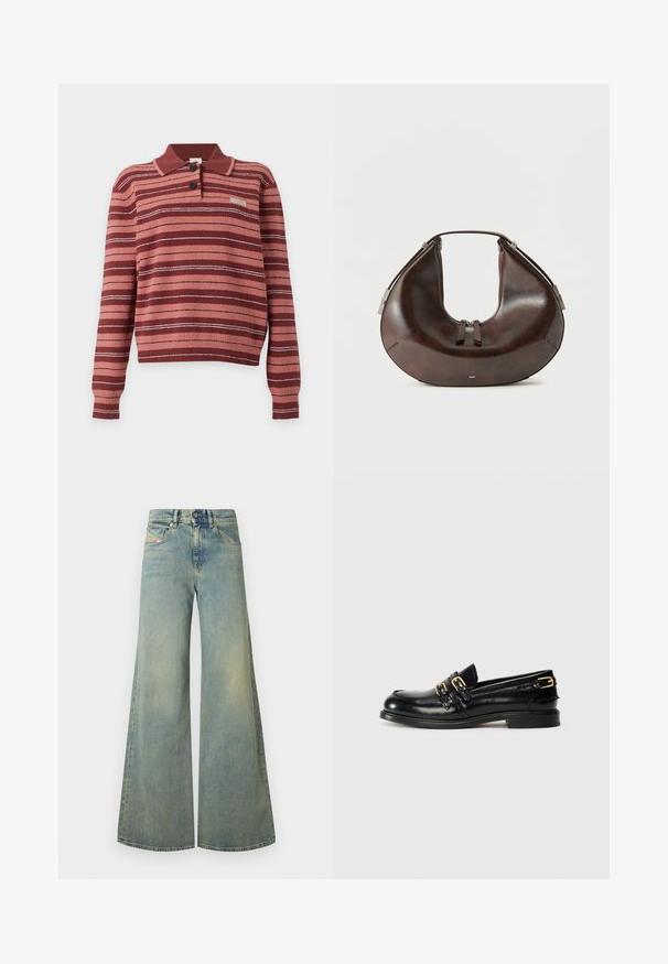 Pull en maille à manches longues avec des rayures horizontales en rouge foncé, rose et blanc, avec un col côtelé et deux boutons foncés.; Jeans larges bleu clair à taille haute, avec un design classique à cinq poches et un léger délavage. Texture en denim, finition unie.; Mocassins en cuir noir avec une finition brillante, dotés de deux boucles dorées et d'un talon bas. Texture lisse avec un design à bout arrondi.; Sac à main en cuir brun foncé en forme de croissant avec poignée supérieure et double curseur de fermeture éclair, présenté sur un fond clair uni.
