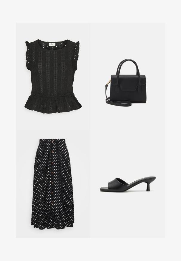 JDY Petite JDYDEMI FRILL - Trükipildiga T-särk - black; Mustade täppidega seelik, kõrge vöökoht, nööpide eesmine kinnitamine, põlve pikkus, valmistatud sileda tekstuuriga ja peene langevusega kangast.; Mustad musta nahast üliha sussid avatud varbaga ja madala läikiva kontsaga. Minimalistlik disain, kaarjas kuju ja šikk viimistlus.; Must mustruktureeritud must nahast käekott, millel on pealne käepide, eemaldatav õlarihm ja esiküljel klapi detail. Kuldse metallist aksessuaari aktsendid.