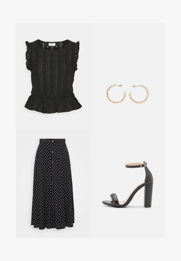 JDY Petite JDYDEMI FRILL - Μπλουζάκι με στάμπα - black; Μαύρη φούστα με πουά σχέδιο, ψηλή μέση, κλείσιμο με κουμπιά μπροστά, μήκους ως το γόνατο, φτιαγμένη από ύφασμα με απαλή υφή και διακριτή ροή.; DeeZee Ψηλοτάκουνα πέδιλα - black; Χρυσά σκουλαρίκια με υφή, με μικρές χάντρες κατά μήκος της άκρης. Έχουν κλειστό σχήμα στεφάνης και στήριγμα με καρφί.