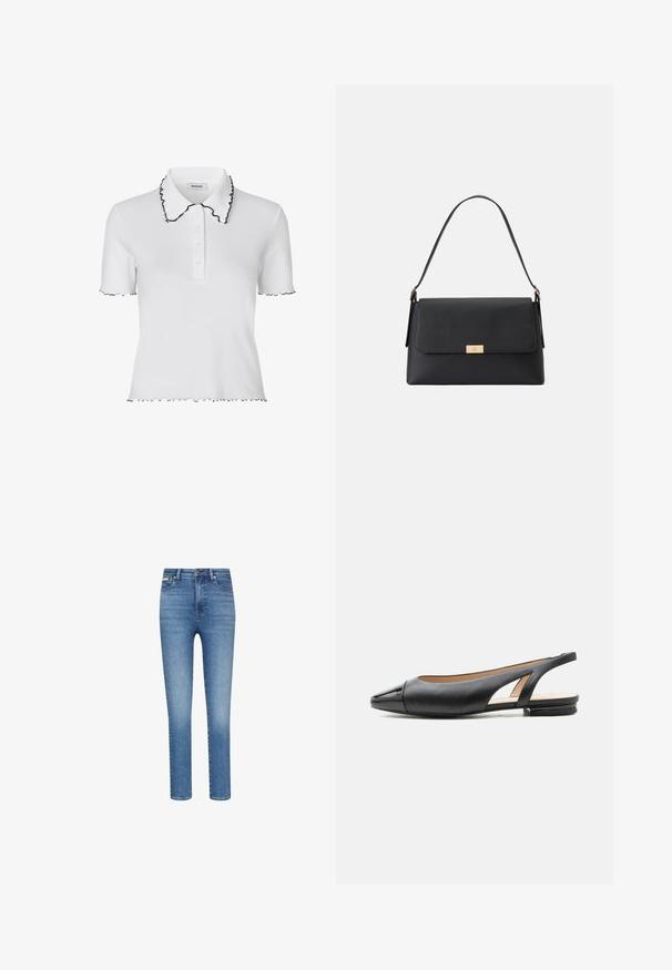 Modström MAGDALONEMD POLO - Polo - soft white; Vaqueros ajustados en denim azul de lavado medio. Presentan una cintura alta, diseño de cinco bolsillos y costuras contrastantes en todo el tejido.; Zapato plano de piel negra con tiras traseras, puntera de charol puntiaguda y tacón bajo, mostrado de perfil sobre un fondo blanco.; Bolso de mano negro hecho de un material texturizado con una forma estructurada. Presenta un cierre de solapa, un acento en tono dorado y un asa sencilla.