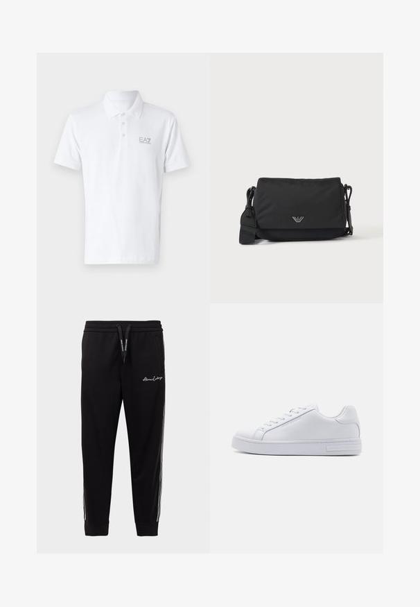 Weißes Poloshirt aus Baumwolle. Mit klassischem Kragen, drei Knöpfen und grauem EA7-Logo auf der Brust. Kurze Ärmel.; Schwarze Jogginghose aus Baumwollmischung mit einem gerippten Bund, seitlichen weißen Streifen und Logo-Stickerei auf dem linken Oberschenkel.; Weiße Ledersneaker mit glatter Textur, runder Zehenform, Schnürung vorne und flacher Gummisohle. Mit eingeprägtem Branding an der Ferse.; Schwarze Umhängetasche mit verstellbarem Riemen und kleinem silbernem Logoemblem auf der Vorderklappe, dargestellt auf einfachem hellem Hintergrund.