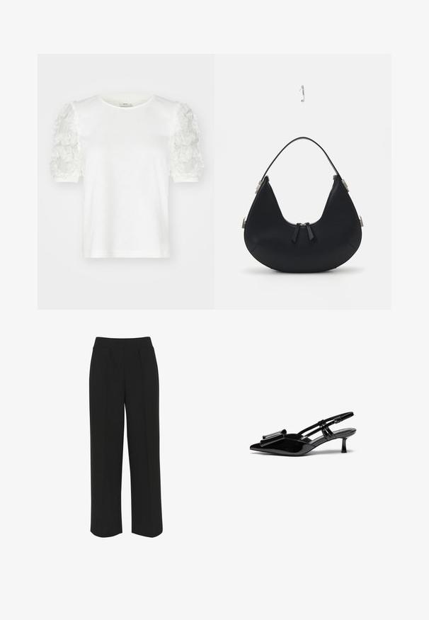 Camiseta blanca de manga corta con detalles de aplicación floral en las mangas, con cuello redondo y tela de algodón suave.; Pantalones de pierna ancha negros con una cinturilla plana, que presentan pliegues delanteros y una textura suave. Sin bolsillos ni herrajes visibles.; Zapatos de tacón slingback de charol negro con punta afilada, detalle de lazo en el frente y un pequeño tacón de aguja. Las correas tienen hebillas ajustables.; Bolso de mano de cuero negro con forma curvada, cierre de cremallera, dos borlas negras y herrajes plateados, incluyendo un detalle de sujeción único.