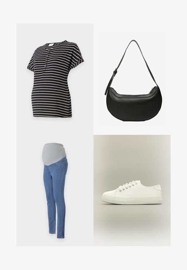 T-shirt de maternité à rayures noir et crème avec des manches courtes, un col rond et des détails de boutons à l'avant. Tissu doux et extensible.; Jeans de maternité avec un design ajusté, en denim bleu et une ceinture en jersey gris doux pour plus de confort. Dotés de poches arrière et d'une coupe slim.; Baskets basses blanches avec lacets blancs et semelle en caoutchouc, vues de côté sur un fond neutre.; Sac à bandoulière en cuir noir en forme de croissant avec une longue sangle réglable et une fermeture éclair en haut.