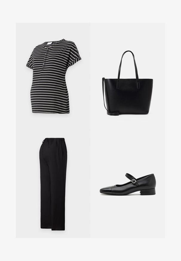 T-shirt de maternité à rayures noir et crème avec des manches courtes, un col rond et des détails de boutons à l'avant. Tissu doux et extensible.; Pantalons noirs à coupe décontractée en tissu léger. Dotés d'une taille élastique avec cordon de serrage, d'une coupe droite et d'un ourlet plat.; Chaussures Mary Jane en cuir noir avec un embout en vernis, une sangle cheville réglable et un petit talon carré. Texture lisse et design élégant.; Sac à dos en cuir noir avec deux longues anses, une forme structurée, une texture lisse et une bandoulière amovible. Détail de marque subtil.