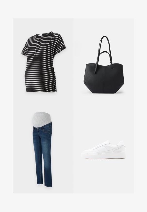 Musthave mustriba mustrõivaste T-särk lühikeste varrukatega, ümmarguse kaeluse ja esipaneelil nööbid. Pehme ja elastne kangas.; Tumed sinised rasedusjeansid elastse halli kõhupandi ja kitsas lõikega, esikottide ning õmblusdetailidega.; Valge madala säärega toss, millel on paks tallaga, nööritav disain ja peened õmblused, ühtlasel heledal taustal.; Mustaga kott sileda, tekstuurse nahaga, ümar ülaosa ja kahe pika sangaga. Omab nurkset põhja stabiilsuse ja struktureeritud disaini jaoks.
