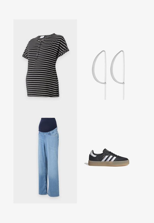 Camiseta de maternidad a rayas negras y crema con mangas cortas, escote redondo y detalles de botones en la parte delantera. Tejido suave y elástico.; Jeans de maternidad en denim azul claro. Con una cinturilla elástica en color azul marino y un diseño de pierna ancha. Tiene bolsillos frontales estándar y una tela ligeramente desgastada.; Zapatilla deportiva de cuero negro con tres rayas plateadas, punta texturizada y suela de goma. Cuenta con un collar acolchado y un diseño con cordones.; Pendientes de metal plateado con un diseño curvado minimalista, que presentan formas de lágrima abiertas y alargadas con un acabado mate.
