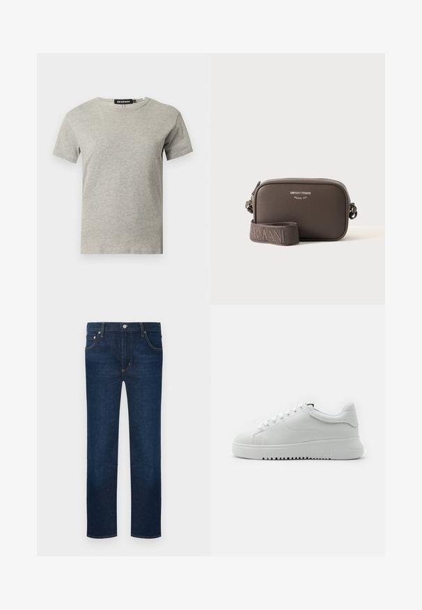 Camiseta de algodón gris claro de manga corta con cuello redondo y etiqueta negra visible dentro del cuello que dice "DENIM" y talla "S".; Vaqueros de pierna recta en azul oscuro con cinco bolsillo, cierre de botones y costuras naranjas visibles.; Zapatillas blancas con un upper de cuero texturizado, punta redonda y diseño de cordones. Suela de goma blanca gruesa con un patrón de agarre texturizado.; Bolso bandolera pequeño rectangular de cuero marrón oscuro con cierre de cremallera y correa ancha de tela con la marca "Armani."