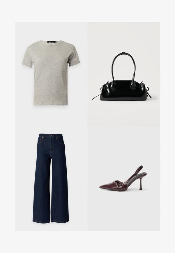 T-shirt en coton gris clair à manches courtes et col rond avec une étiquette noire visible à l'intérieur du col indiquant "DENIM" et la taille "S."; Jean en denim bleu foncé à jambes larges avec cinq poches et détails de rivets en cuivre sur un fond clair uni.; Escarpin slingback en cuir verni bordeaux avec bout pointu, fine bride à la cheville et petit détail décoratif de boucle. Texture lisse et talon haut.; Petit sac à main noir brillant avec deux longues anses et des détails à cordon sur les côtés sur un fond clair uni.