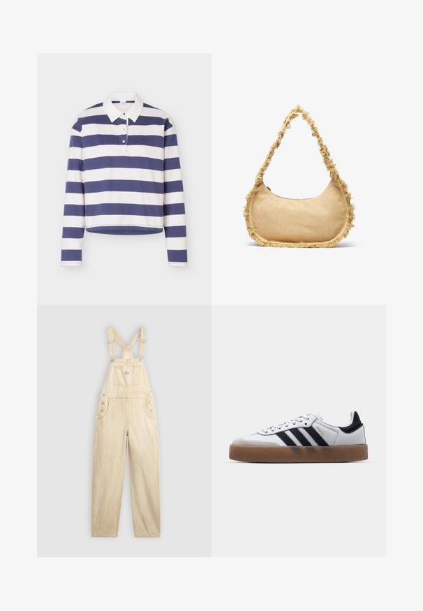 Rugbyshirt met lange mouwen met marineblauwe en witte horizontale strepen en een witte kraag, voorzien van een twee-knopenknoopsluiting.; Lichtbeige overall van denim, met een vierkante zak, verstelbare banden, drukknoopsluitingen aan de zijkant en een wijde pijp.; Witte leren sneakers met zwarte strepen, gumrubberen buitenzool, ronde neus, vetersluiting en een zachte grijze suède neuskap.; Geverfde beige tas met een ronde vorm, rafelige rand langs de randen en een korte schouderband. Ritsopening aan de bovenkant.