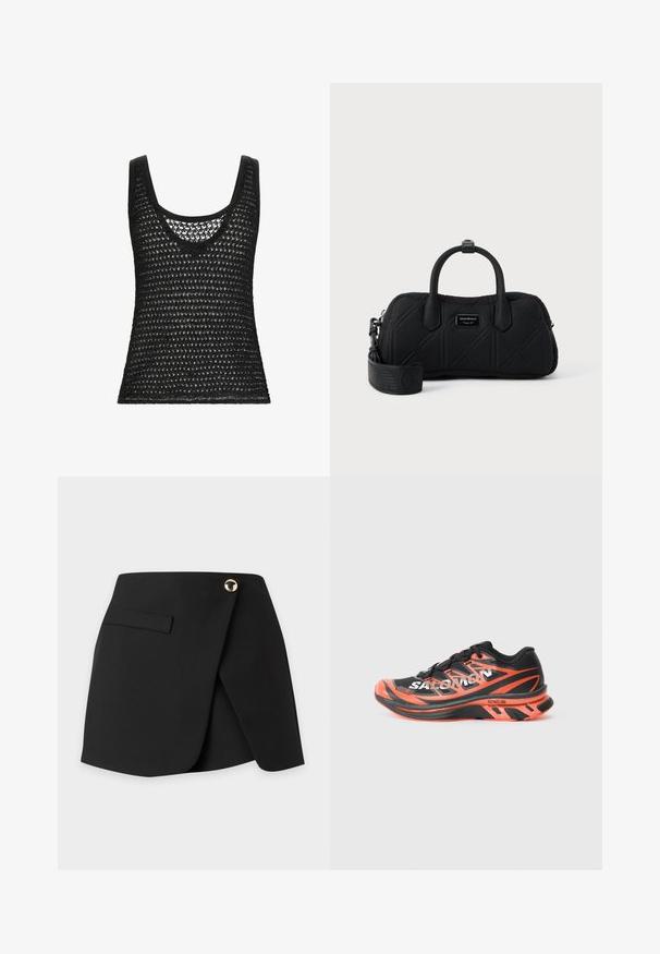 Débardeur noir sans manches avec un design en tricot lâche présentant un motif de tissage ouvert. Encolure en U et tissu texturé.; Mini-jupe noire asymétrique avec rabat devant, une fermeture par bouton doré et une poche horizontale à fente sur le côté gauche.; Chaussure de course noire et orange avec une tige en mesh, un logo distinctif, un design texturé et une semelle rembourrée. Dispose d'un système de laçage intégré.; Sac à main rectangulaire noir matelassé avec deux anses supérieures, bandoulière large amovible et petite plaque métallique de marque au centre avant.