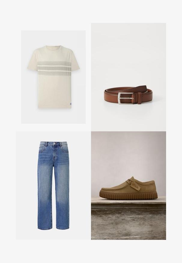 Beige kortærmet T-shirt med rund halsudskæring, med tre vandrette lysegrå striber over brystet.; Lys blå denim bred benjeans med et falme mønster, fem lommer og lynlås i gylpen. Har en knap og bæltestropper i taljen.; Lysebrune ruskindsko med rund tå, syet detaljer og en ribbet brun gummisål. Har et sidemærke med "Clarks" logo.; Brun læderbælte med en glat overflade, præget af en sølvfarvet metalspænde og diskret syning langs kanterne. Klassisk og holdbart design.
