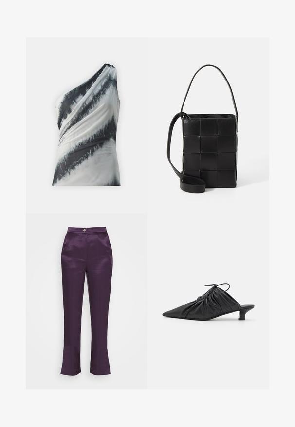 Asymmetrisk top med én skulder i et sort og hvidt tie-dye mønster, lavet af glat stof med draperede detaljer og blød tekstur.; Materiel SLITS OUT PANTS - Bukser - deep purple; Sorte læder slip-on mules med spids tå, samlet tekstur og en lille kitten heel. Har en snor-detalje ved åbningen.; Sort lædertaske med fletdesign. Rektangulær form, kort håndtag og justerbar rem. Glat tekstur med en mat finish.