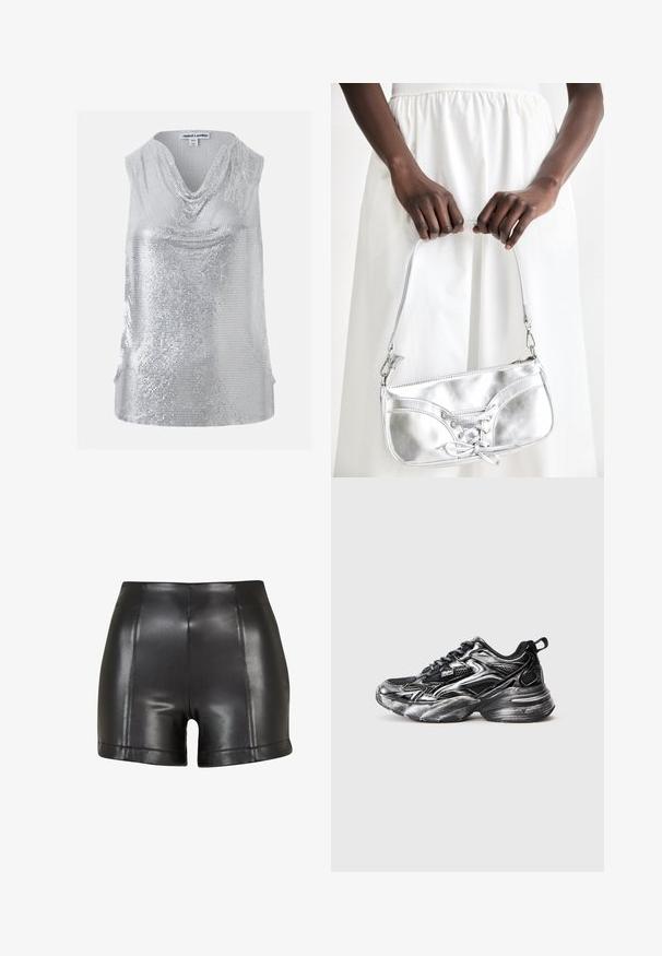 Top sin mangas plateado con lentejuelas y escote drapeado, talla XS/S, marca Jaded London.; Pantalones cortos de imitación de cuero negros con una cintura alta, textura suave y costuras visibles a lo largo del frente y el dobladillo.; Zapatillas deportivas negras y plateadas metálicas con una superficie texturizada, suela gruesa, diseño de cordones y una lengüeta en el talón.; Bolso metálico plateado con detalle de cordones, que presenta un diseño elegante y una correa corta. El bolso está sostenido con las manos, mostrando su textura.