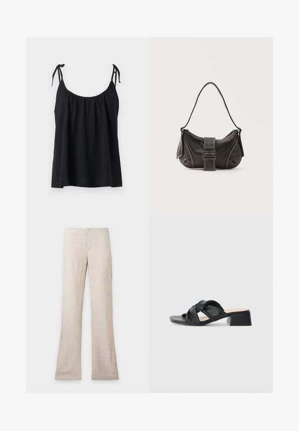 Haut noir sans manches avec encolure froncée et fines bretelles nouées en petits nœuds sur un fond neutre.; Pantalon en lin beige à jambe droite et fermeture avant dissimulée, présenté à plat sur un fond clair uni. Pas de poches ni de détails visibles.; Sandale en cuir noir avec un design supérieur tordu, bout carré et un petit talon carré, présentant une texture lisse et un style minimaliste.; Sac à épaule en cuir noir avec une sangle à boucle, des bords arrondis et des coutures blanches contrastées sur un fond uni.