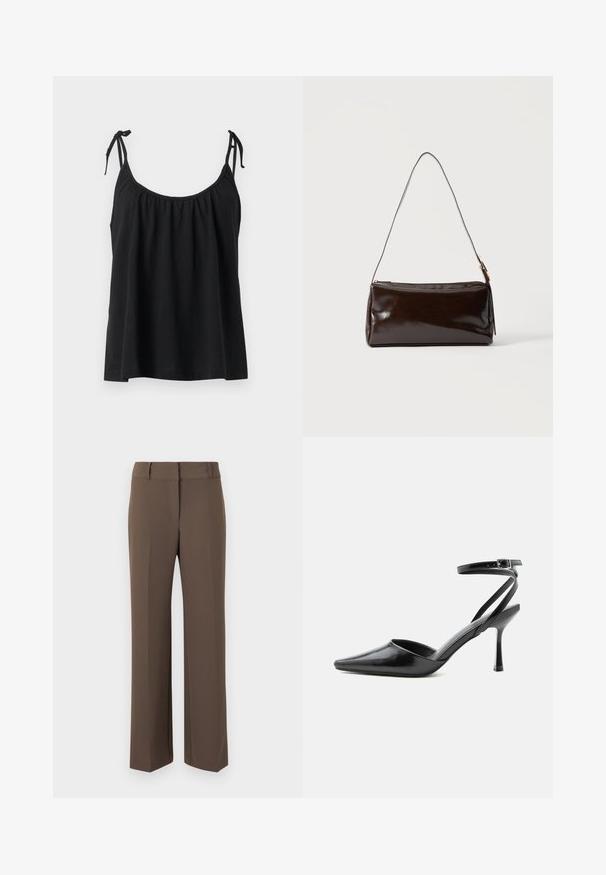 Haut noir sans manches avec encolure froncée et fines bretelles nouées en petits nœuds sur un fond neutre.; Pantalon brun à jambes droites avec passants pour ceinture, détail de couture avant et taille haute, présenté sur un fond neutre.; Escarpin noir à bout pointu avec fines brides de cheville et fermeture à boucle argentée sur fond clair uni.; Sac à bandoulière rectangulaire en cuir marron foncé avec une seule sangle fine et une boucle dorée sur un fond uni.