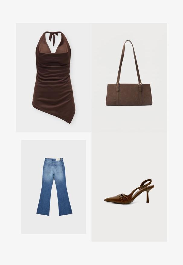 Top marron à col licou avec devant froncé et ourlet asymétrique, en tissu lisse légèrement brillant.; Jean en denim bleu avec jambes évasées et deux poches arrière, présenté à plat sur un fond gris clair.; Chaussure à talon haut ouverte à l'arrière en cuir marron, bout pointu, avec deux brides bouclées sur le devant et talon fin stilettos sur fond blanc.; Sac à bandoulière rectangulaire marron avec longues sangles et détails de couture minimalistes sur un fond uni.