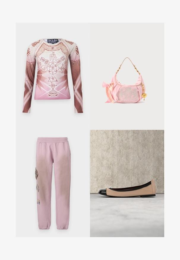 Camisa de manga larga en tonalidades degradadas de rosa claro y marrón, con intrincados gráficos geométricos y florales, fabricada en tela suave.; Pantalones de chándal rosas con cintura elástica, que presentan parches decorativos en forma de diamante en el lado izquierdo y puños elásticos en los tobillos.; Zapato plano beige con puntera y ribete negros, flotando sobre una alfombra crema en una habitación con muebles de color ámbar.; Bolso de hombro de terciopelo rosa Juicy Couture con cadena dorada, charm en forma de corazón, logotipo bordado y detalle de lazo de satén rosa.