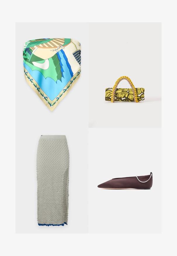 Vierkante zijden sjaal met abstract landschap ontwerp in groen, blauw, beige en wit, met trappen en waterelementen.; Gebreide rok in lichtgrijs met een textuur van bobbels, elastische tailleband en contrasterende blauwe scalloped zoom. Lange, getailleerde silhouet.; Donkerbruine platte schoen met puntige neus, lage hak en een zilveren rijglin met strassteentjes aan de achterkant.; Rechthoekige tas met geel-zwart bloemenpatroon en gevlochten geel-roze handvat op witte achtergrond.