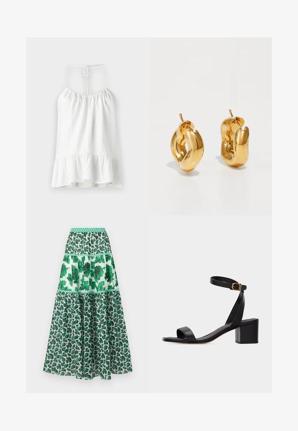Blusa sin mangas blanca, hecha de un tejido ligero. Presenta un escote fruncido y un dobladillo acampanado con volantes. Se ata en la parte posterior para su cierre.; Falda maxi de estampado verde con cintura fruncida. Presenta un diseño de capas con estampados florales y diferentes tonos de verde.; Sandalia negra de punta abierta con tacón ancho y correa en el tobillo con una pequeña hebilla dorada, vista de perfil sobre un fondo liso.; Pendientes de aro grueso en oro con un diseño tubular ligeramente retorcido y cierre de presión, sobre un fondo blanco.