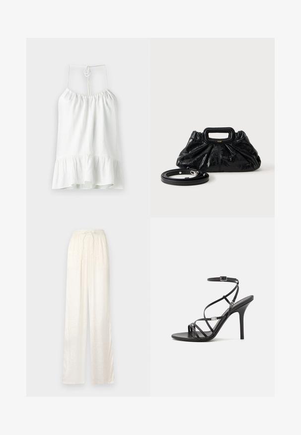 Blusa sin mangas blanca, hecha de un tejido ligero. Presenta un escote fruncido y un dobladillo acampanado con volantes. Se ata en la parte posterior para su cierre.; Pantalones blancos de corte holgado con una textura ligera y satinada. Cuentan con una cintura elástica con cordón ajustable y un patrón sutil.; Sándalo negro de tacón alto con tiras finas, hebilla en el tobillo, superficie de cuero suave y tacón de aguja esbelto.; Bolso pequeño de cuero negro con textura fruncida, asa rectangular y correa de hombro delgada y desmontable colocada al lado.