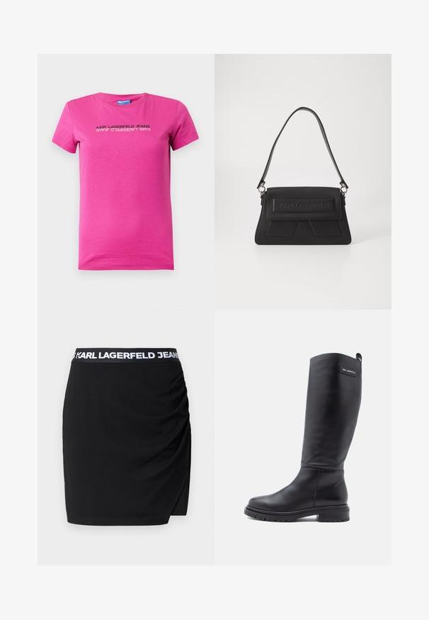Camiseta de algodón rosa con escote redondo, manga corta y un diseño de logo impreso en negro en la parte delantera, que presenta un diseño elegante y moderno.; Minifalda negra con un ajuste ceñido, textura fruncida en los laterales y una cinturilla elástica de marca con letras blancas.; Bota negra alta de cuero con tacón bajo cuadrado, suela de gran relieve y una pequeña etiqueta rectangular cerca de la parte superior que muestra el nombre de la marca.; Bolso de mano negro con una superficie texturizada, una solapa con cierre de pliegue y un logotipo en relieve, además de una correa de hombro delgada. Forma rectangular con acentos angulares.