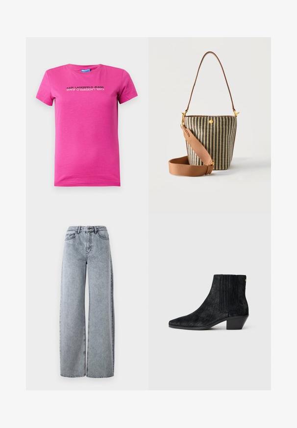 Rosa Baumwoll-T-Shirt mit Rundhalsausschnitt, kurzen Ärmeln und einem in Schwarz bedruckten Logo-Design auf der Vorderseite, das ein schlankes, modernes Layout zeigt.; Hellblaue Denim-Weitbeinjeans mit hohem Bund, ausgestattet mit Eingrifftaschen, Gürtelschlaufen und kontrastierenden Nähten.; Schwarze Knöchelstiefel mit spitzem Zehen, strukturiertem haarähnlichem Material, geripptem Seitenpaneel und niedrigem Blockabsatz. Schlichtes und modernes Design.; Kleine Bucket-Tasche mit vertikalen schwarzen und beigen Streifen, verstellbarem Schulterriemen in Hellbraun und dünnem Griff vor weißem Hintergrund.